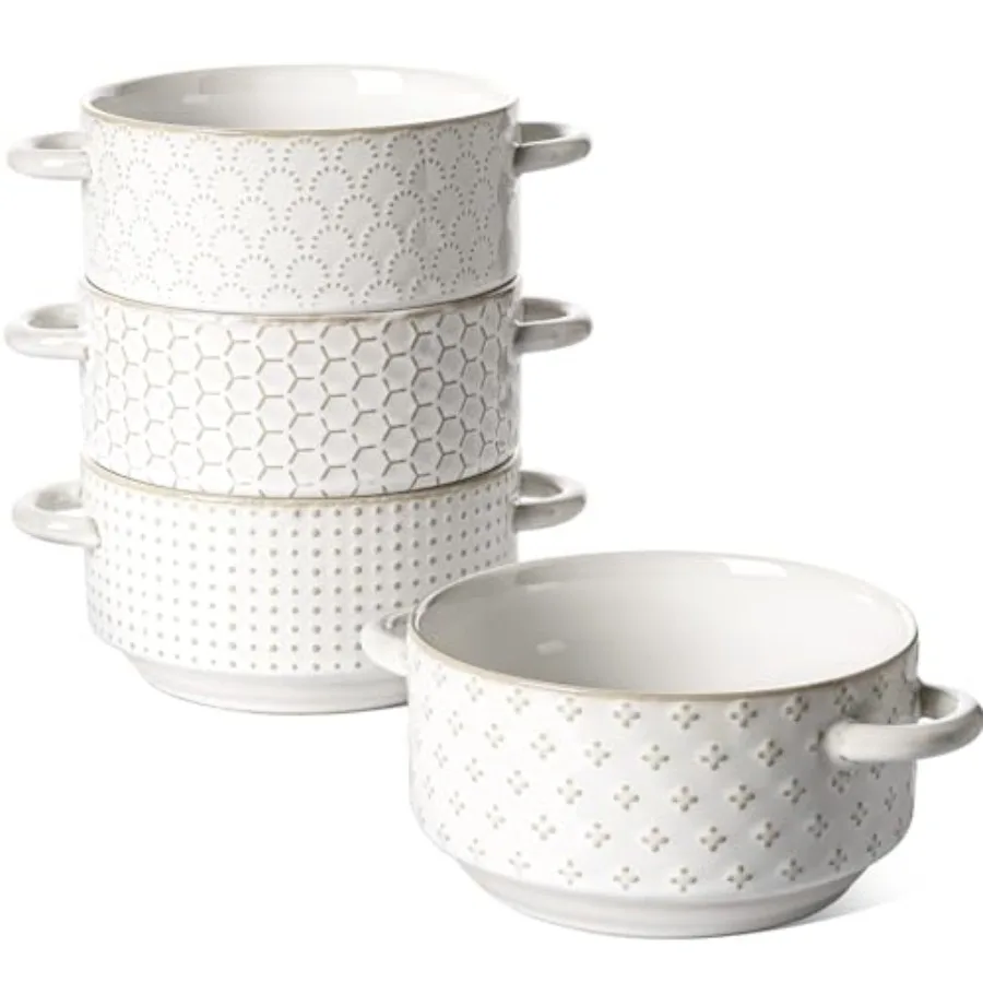 

Soup Bowls with Handles 20 oz French Onion Soup Crocks Stackable Soup Bowl Oven Safe for Chili Beef Stew Embossment Ceramic Bow