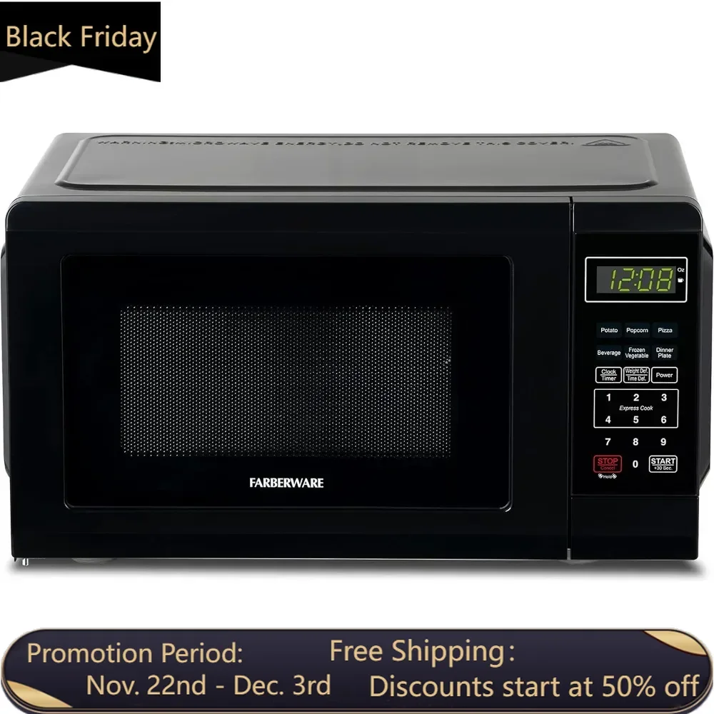 

Compact Countertop Microwave Oven 0.7 Cu. Ft. 700-Watt with LED Lighting, Child Lock, Easy Clean Grey Interior, Retro Black