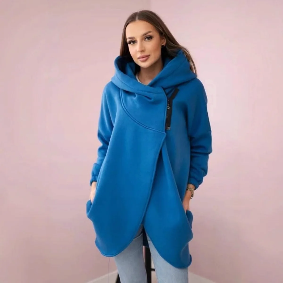 Women Hooded Coats Solid Jackets Oversize Zipper Spliced Long Sleeves Mid Rise Thick Loose Fit Office Lady Casual Autumn 2025