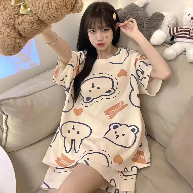 Women Summer Pajama Set Lady Print Short Sleeve Shorts Two-Piece Set Girls Loose Homewear Student Casual Outfit Woman Loungewear