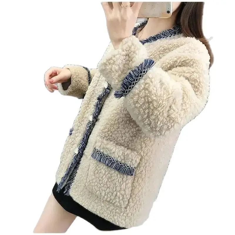 

Autumn Winter Woolen Jacket Women New Loose Round Collar Lamb-Like Coat Pure Colour Thicken Outerwear Fashion Overcoat Female