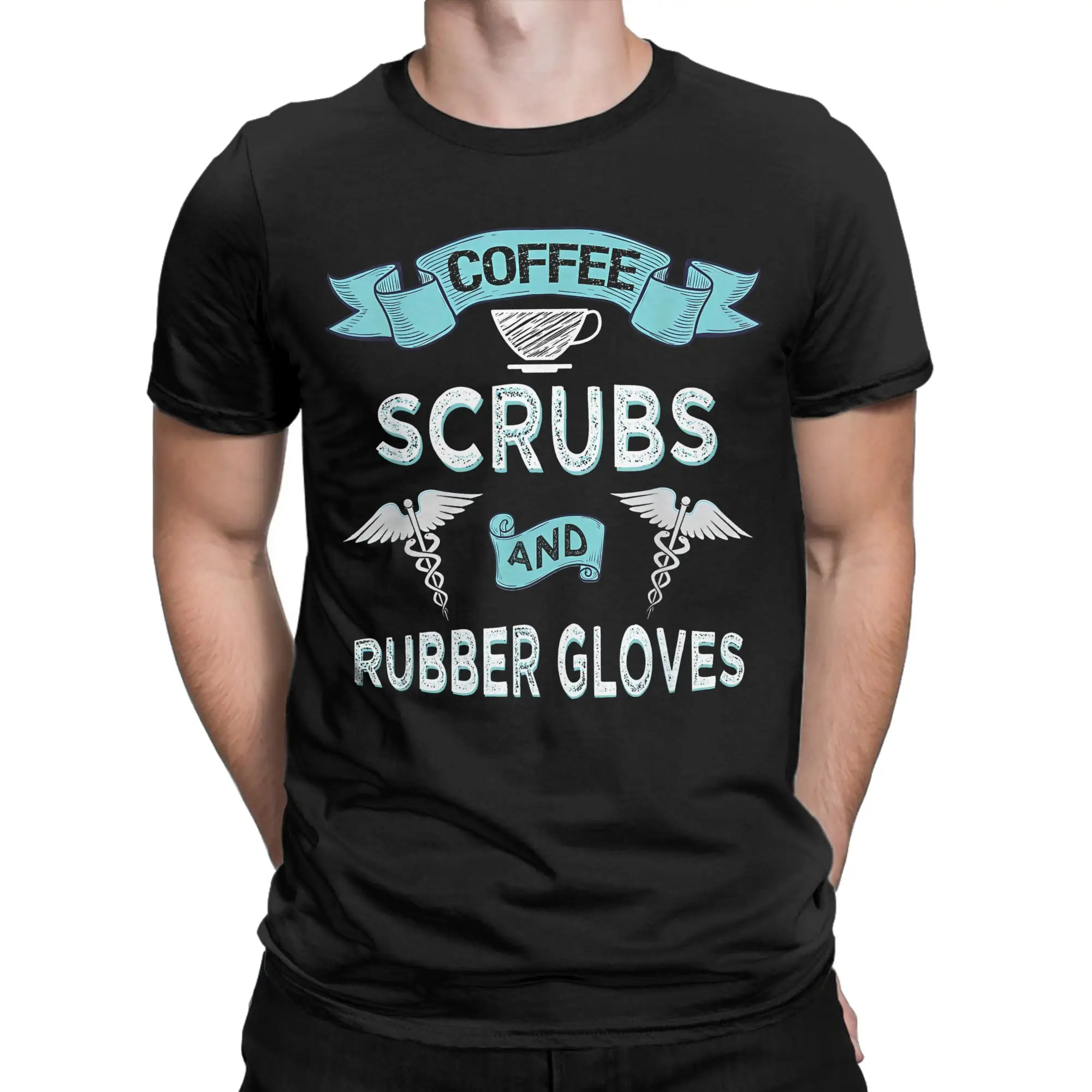 Kawaii Coffee Scrubs And Rubber Gloves Nurses T Shirt Men's Round Neck Short Sleeve Tops  Cotton Summer Clothing