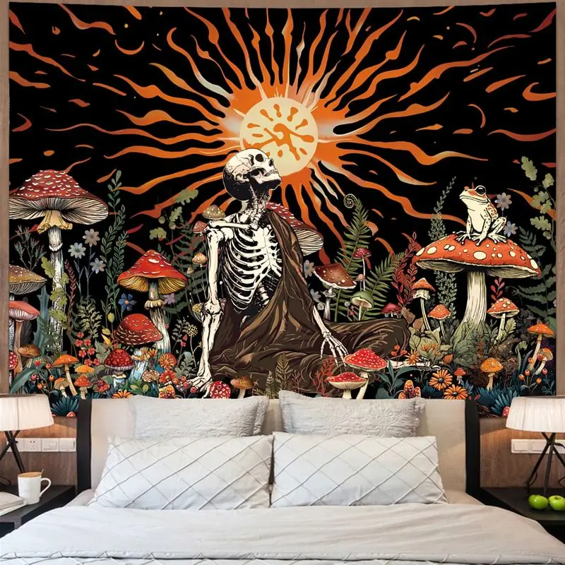 VIKAMA Gothic Skeleton and Mushroom Tapestry Wall Hanging, Spooky Hippie Trippy Sun Art for Living Room Halloween Wall Decor