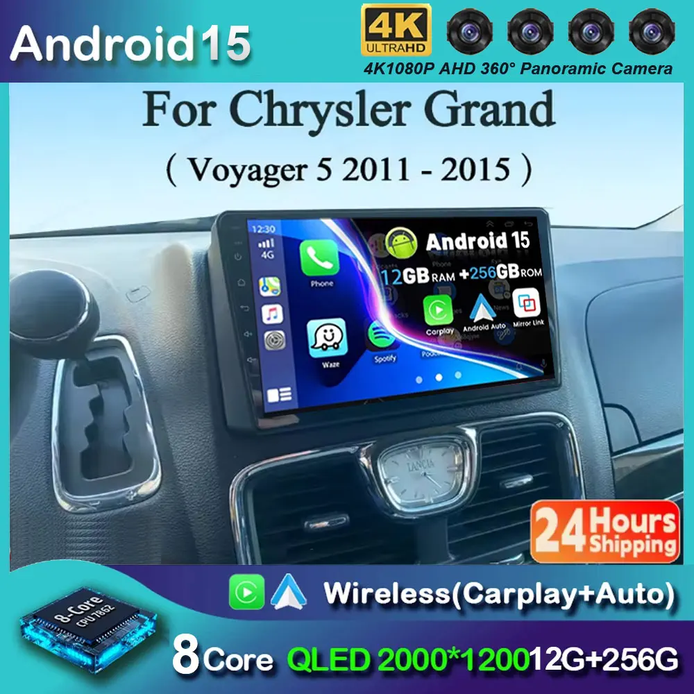 Android 15 For Chrysler Grand Voyager 5 2011 - 2015 For Dodge Grand Caravan 2008-2020 Car Radio Player Multimedia GPS 360 Camera