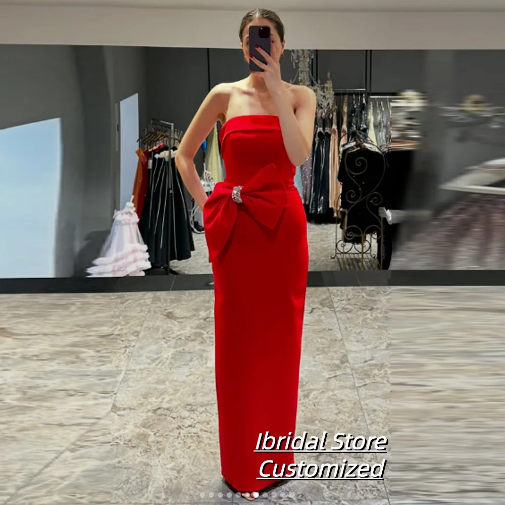 Customized Modern Strapless Evening Dress with Crystal Bow Sheath Floor Length Straight Women Backless and Split Party Gowns