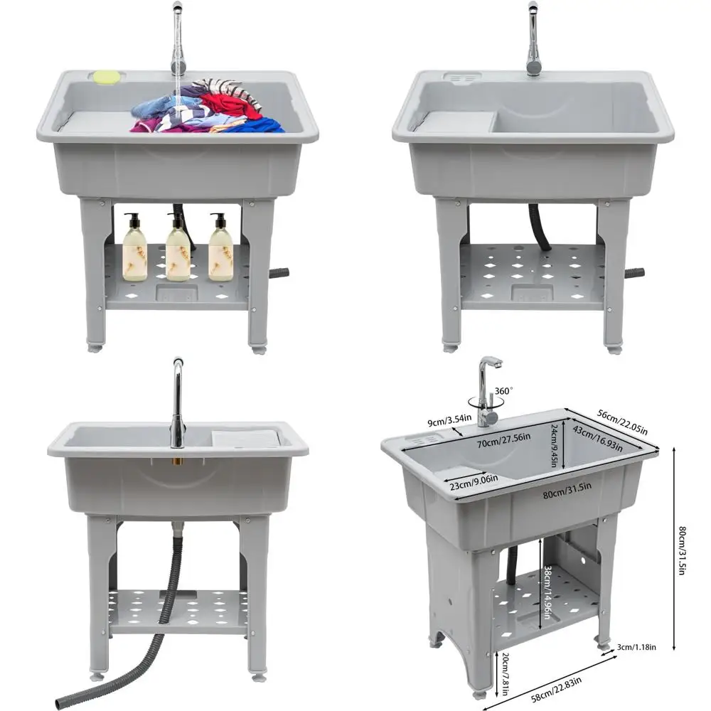 

Freestanding Plastic Laundry Tub Sink with Washboard, Faucet, and Drain Kit for Washing Room Utility