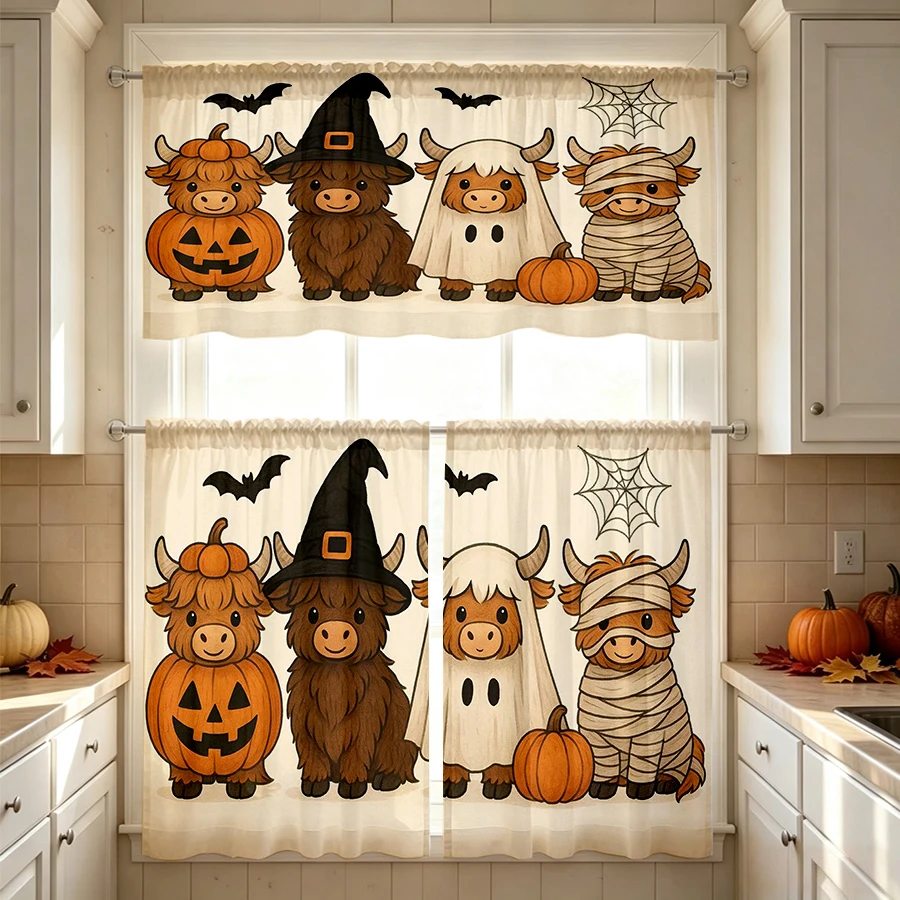 Halloween Fall Kitchen Curtains, Highland Cow Halloween, Digital Print, Kitchen Dining Room, Rod Pocket Polyester, Home Decor