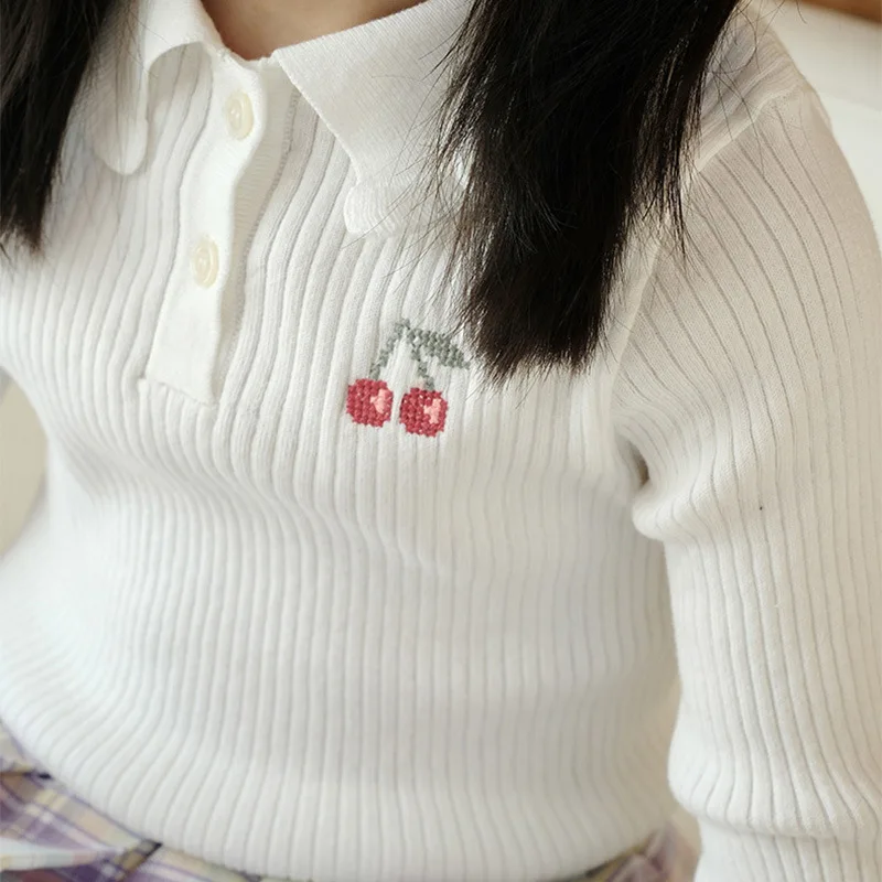 Children's Sweater 2024 New Girls College Style Cherry Cross Embroidery Lapel Bottoming Sweater Baby Sweater Long Sleeve