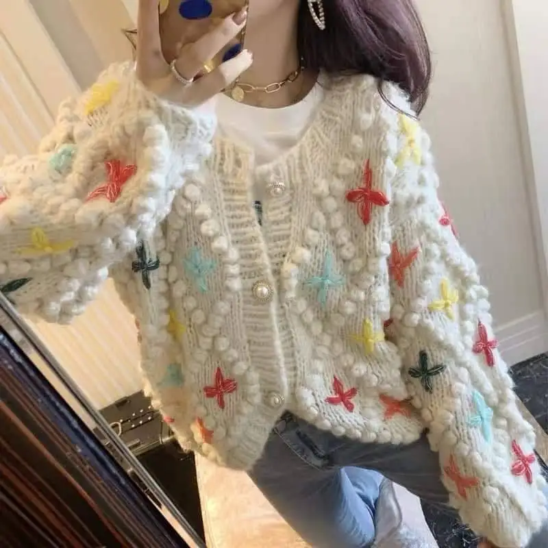 Crochet Multicoloured Star Knit Vintage Cardigan Chunky Handmade Sweater Jacket Knitwear Autumn/Winter Aoman Clothing