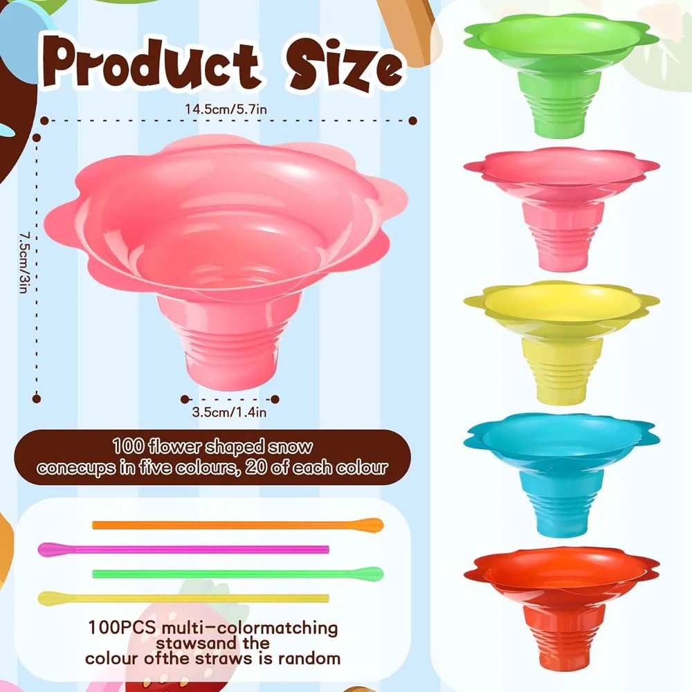 300 Pieces/100 Sets 4 oz Colorful Flower Snow Cone Cups Shaved Ice Cups with Spoon Straws and Paper Umbrellas Kit
