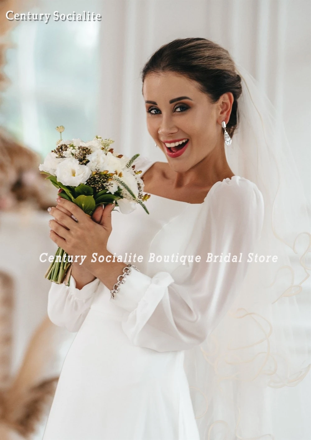 Abiti da sposa civili 2025 Abiti da sposa semplici da spiaggia in chiffon con colletto quadrato a maniche lunghe fino al pavimento per la sposa personalizzati