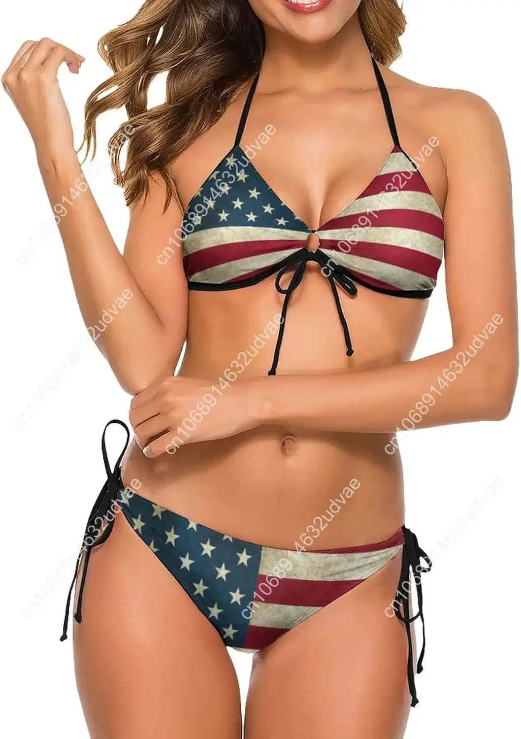 

Swimsuits 2nd Amendment Vintage American Flag USA Second Bikini Set with Bra and Strappy Triangle Briefs for Women