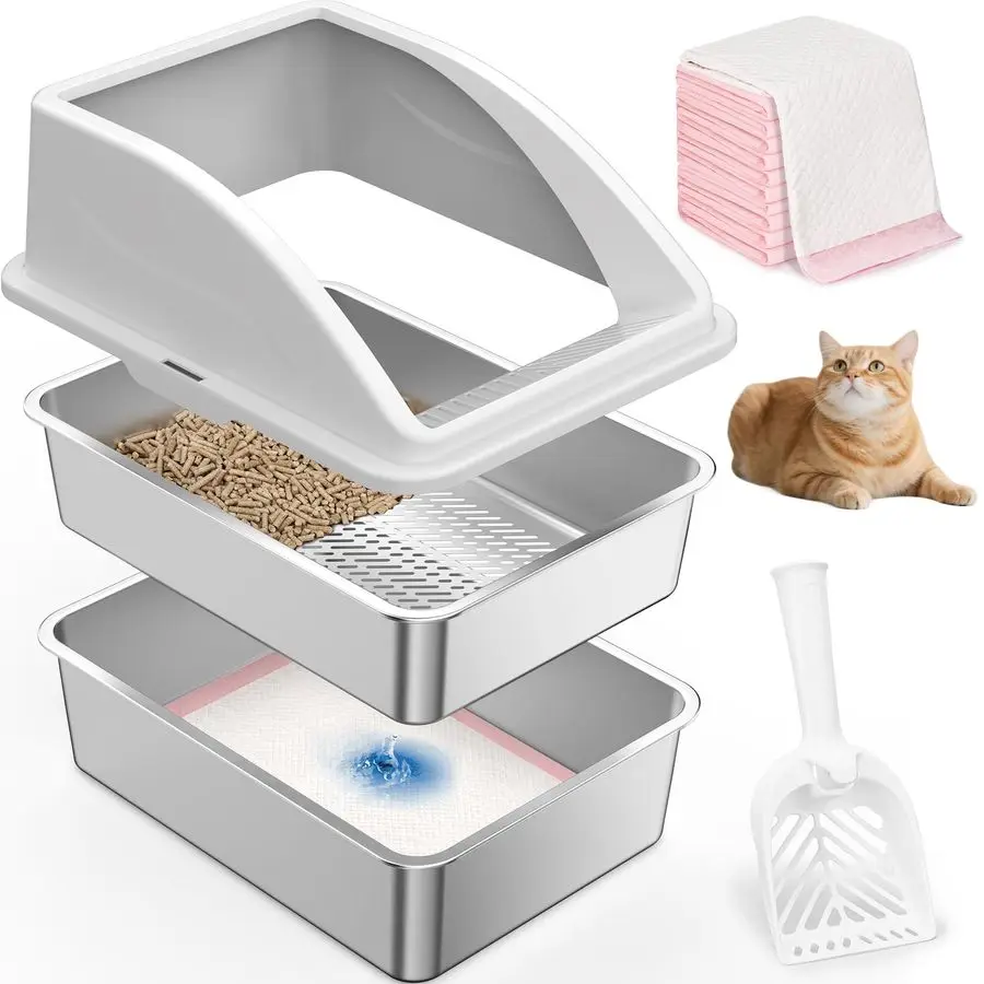 

Steel Sifting Litter Box, Sifting Cat Litter Boxes with Lid, Pellet Litter Box for Big Cat and Multi Cats with Scoop High Sided,
