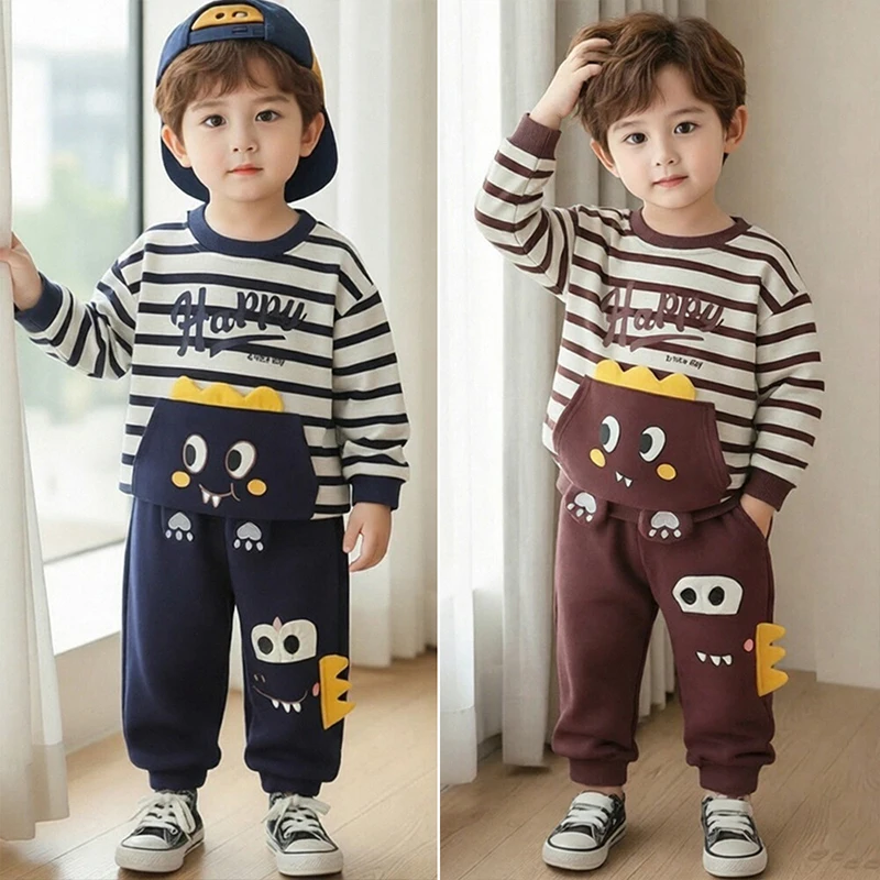 Spring Autumn Baby Boys Clothing Sets Cotton Cartoon Dinosaur Striped Tops Pants 2PCs Suit For 1-5Year Kids Fashion Outfits  789