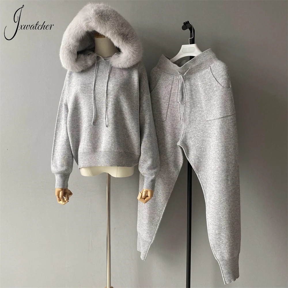 Jxwatcher Sweater wanita, Set dengan kerah bulu palsu musim gugur Pullover bertudung elastis bagus campuran wol sweter hangat musim semi