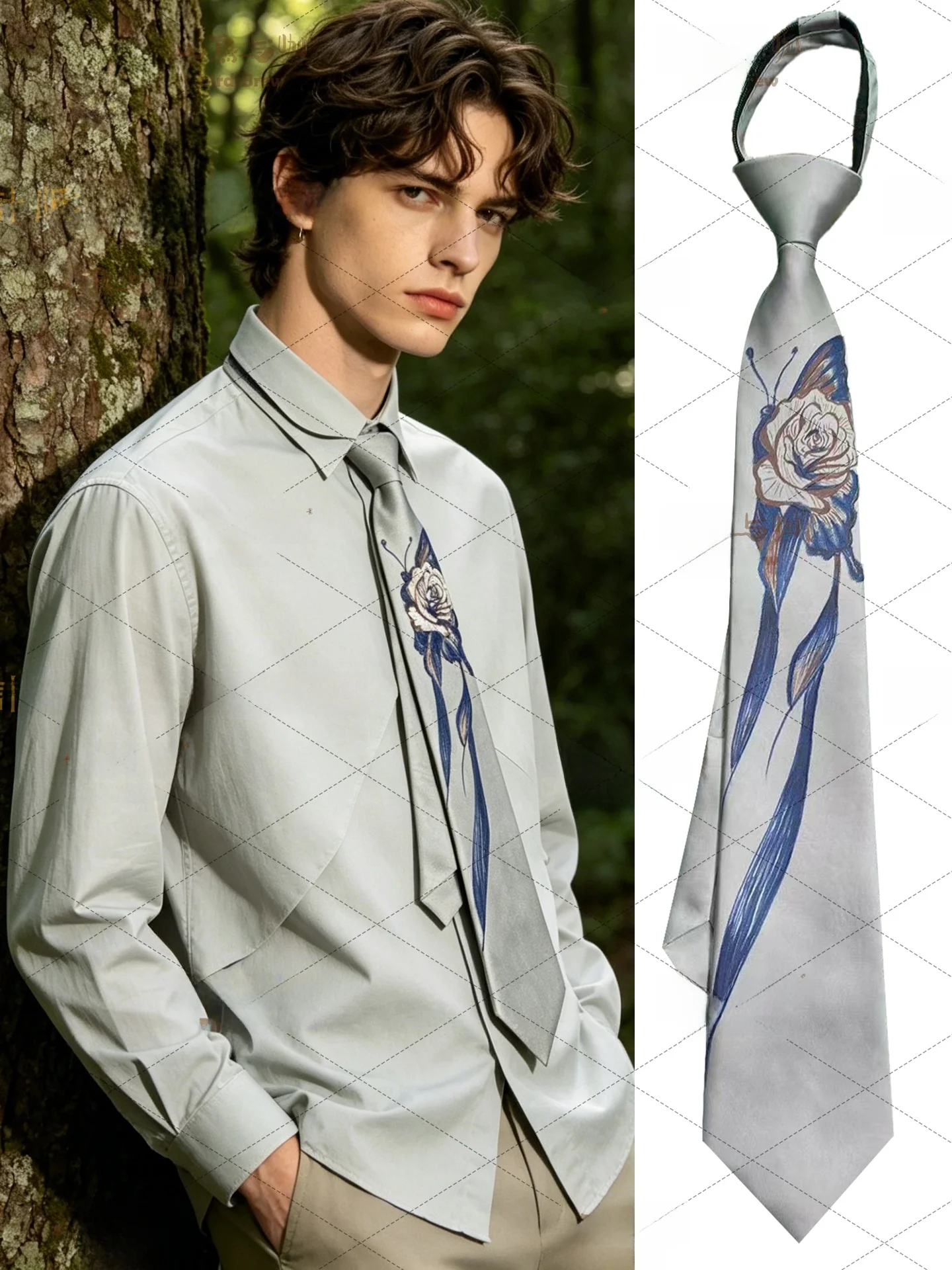 hand-painted-silver-grey-zipper-tie-original-design-casual-style-shirt-accessory-retro-chinese-style-tie-fashionable-neckwear