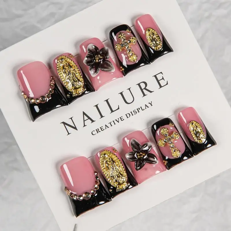 Pink Black Contrast Cross Metal Charms Press On Nails,Vintage Cool Medium Long Square False Nails,Removable Reusable Trendy Popu