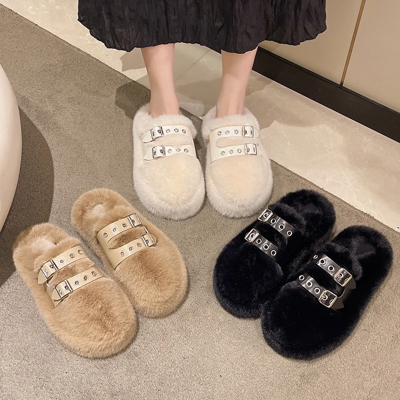 Fur Flats Women Slippers Short Plush Warm Mules 2023 Winter New Casual Platform Shoes Flip Flops Zapatos De Mujer Indoor Winter