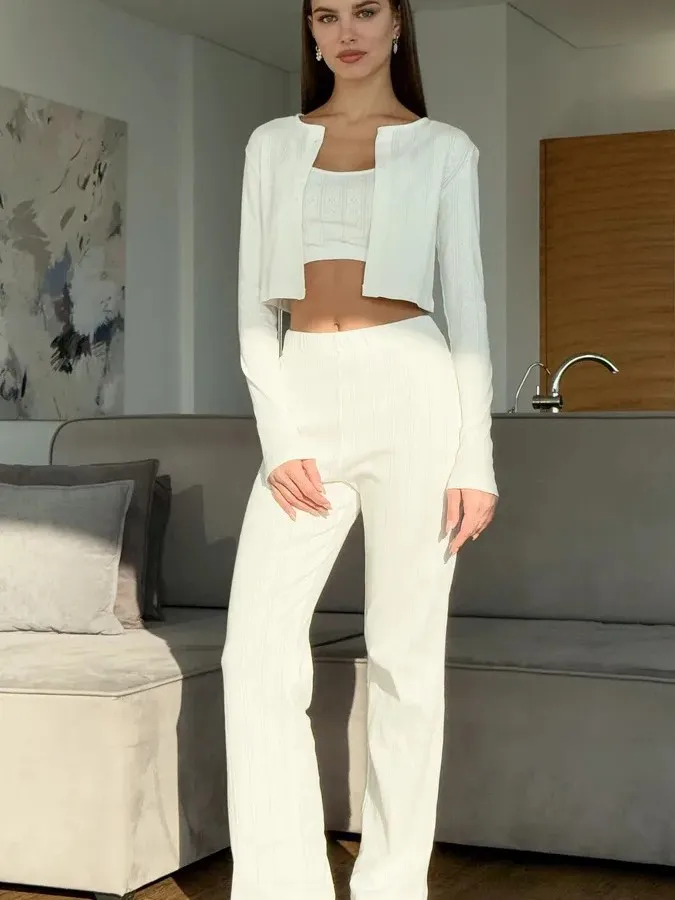 Long Sleeve Knitted Cotton Embroidered Long Pants Cardigan Three-Piece Set Sexy Women's Sleepwear Home Clothes Hollow out
