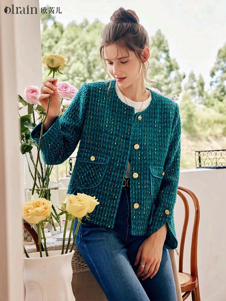 

OLrain French Elegant Jackets Women 2025 Autumn New Fashion Retro Tweed Coats Single Breasted Female Female Tops O22QW65611