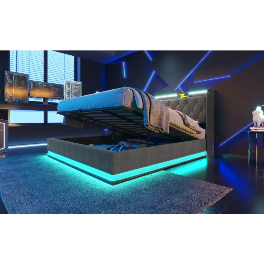 King size Upholstered bed 360 surround LED function Buttons/Apps/Remote Control hydraulic storage bed with USB Type-C charging