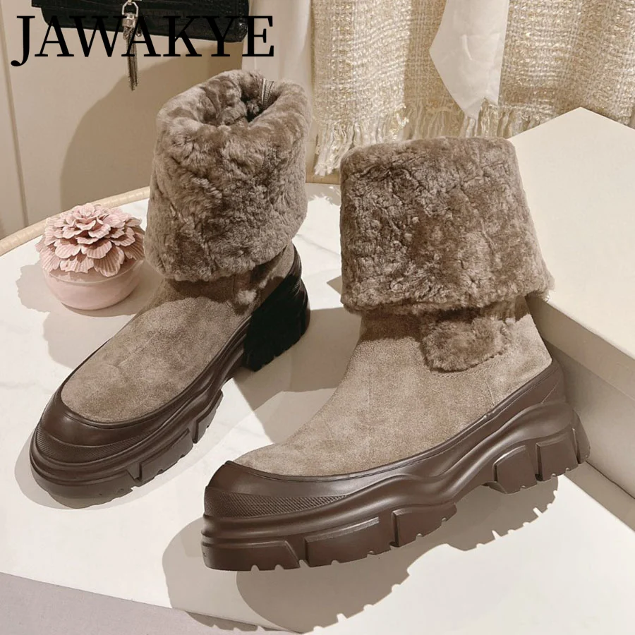 

2024 Winter Warm Ladies Flannel Snow Boots Fur Collar Fold Suede Ankle Boots Round Toe Thick Bottom Boots Zip Women's shoes