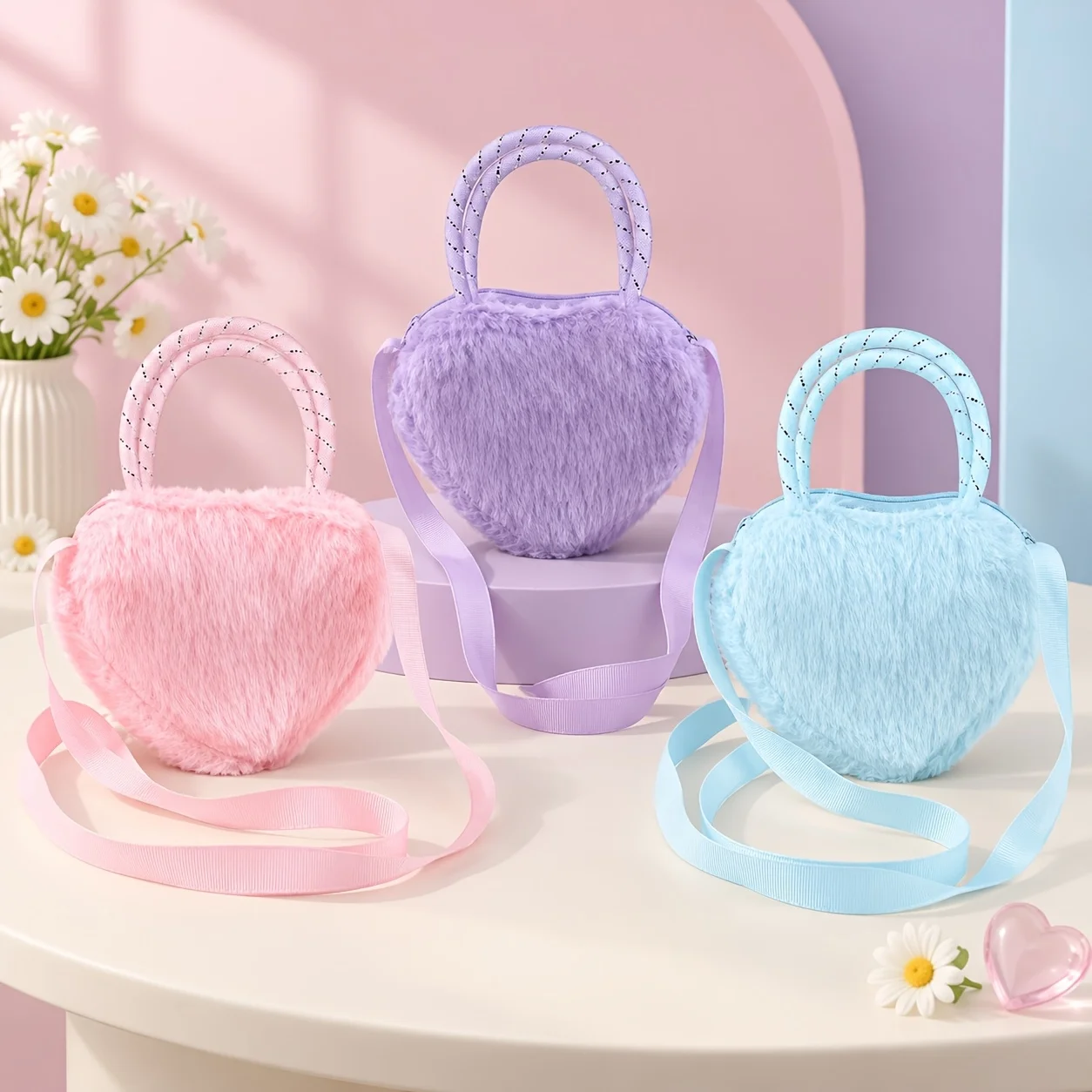 Gradient Heart-Shaped Plush Handbag And Small Wallet, Cute Plush Tote Bag, Tie-Dye Fluffy Single-Shoulder Bag Mini Crossbody Bag