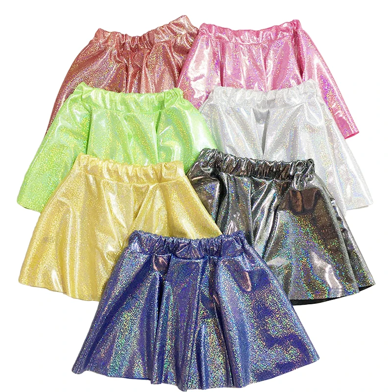 Kids Girls Glossy Skirt Metallic Flared Pleated Mini Dance Shiny High Elastic Skirt Hip Hop Costumes for Children Dance Stage