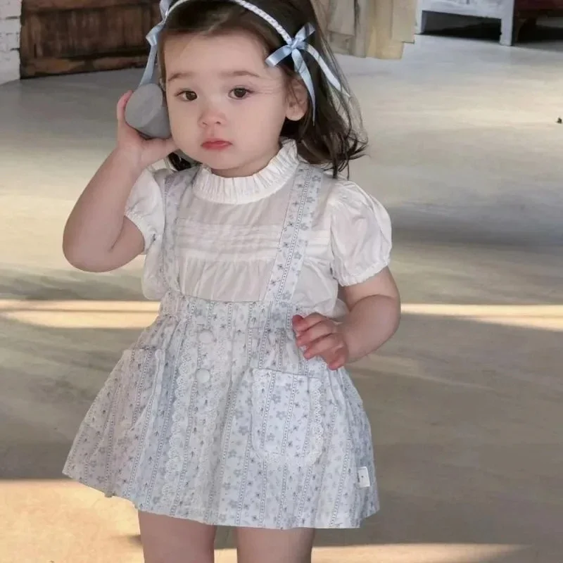 Birthday Princess Clothes Cotton Suits 2025 Sweet Baby Girls Summer Clothing Set White Shirts+printed Dress,kids Toddlers 2pcs