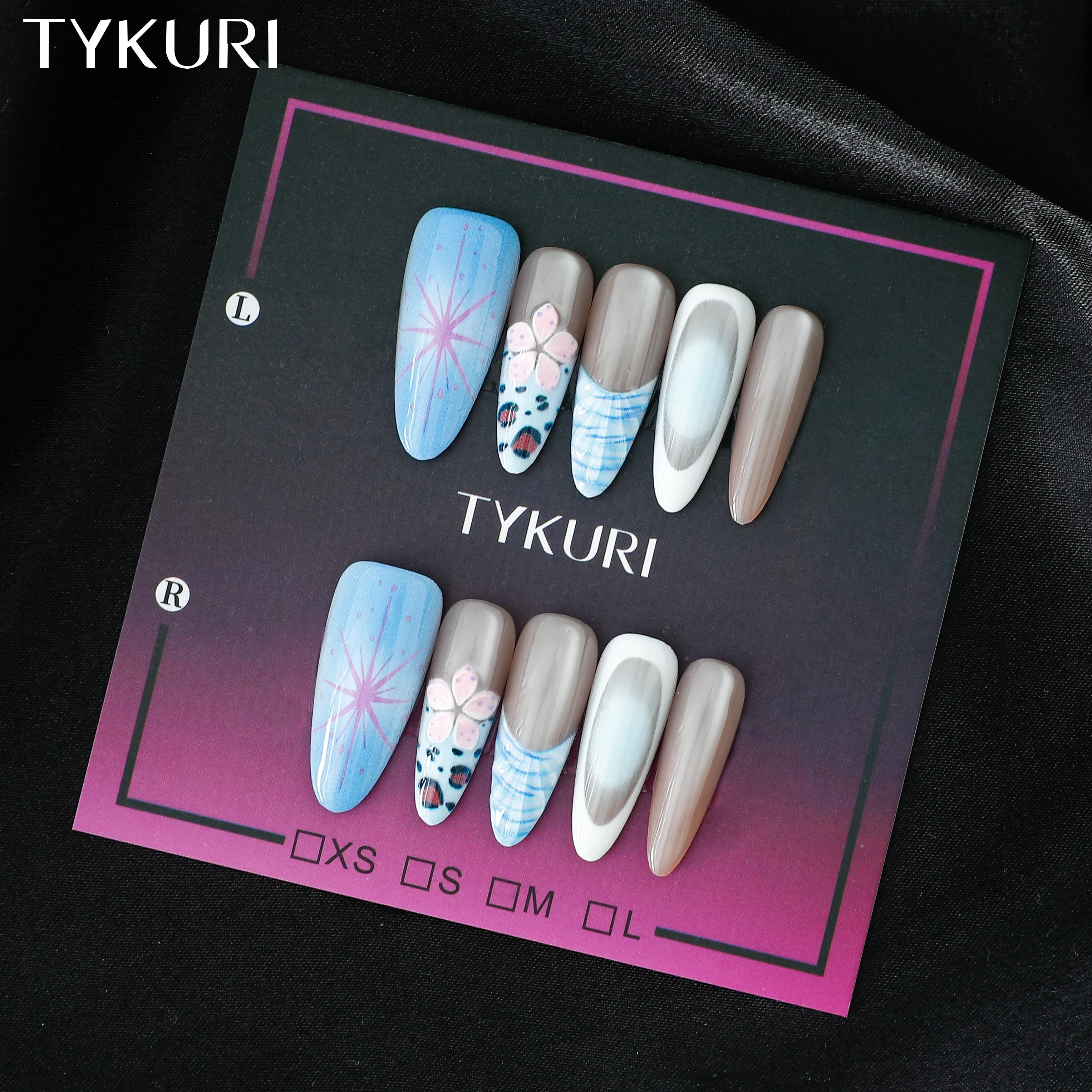 

Накладные ногти TYKURI, длинные овальные, летние, цвета океанского синего с цветочным принтом, с желейным клеем, элегантные и универсальные