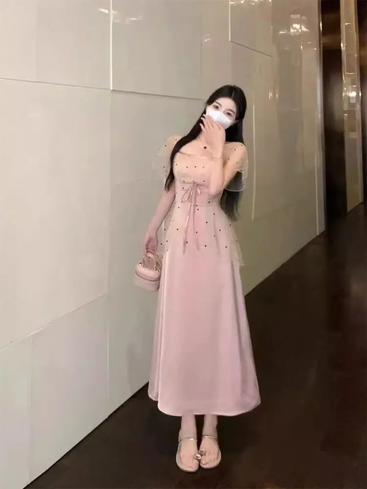 Ele Polka Dot Me Splice Dr Damen Sommer Schlankheits Lang Dr Hohe Taille A-Linie Rock Französisch Sle Basic Modell