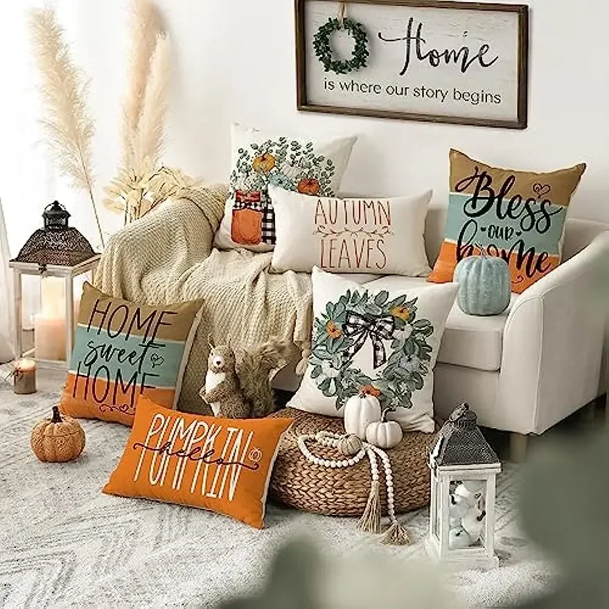 Linen square color life autumn garland pumpkin throw pillow autumn Thanksgiving harvest decoration sofa cushion cover