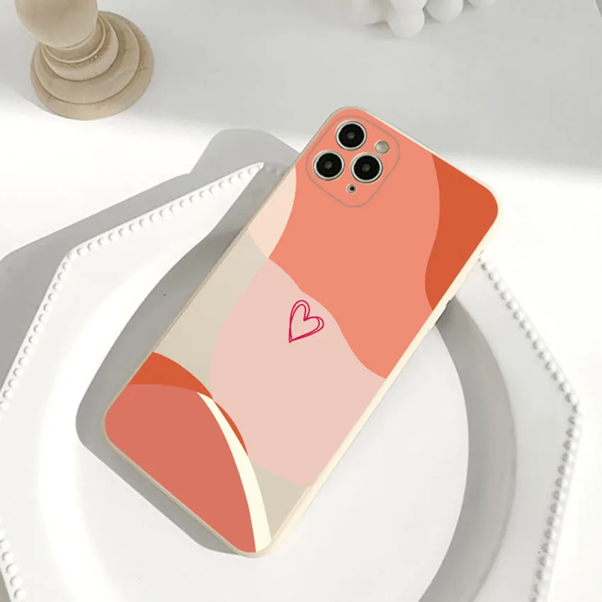 아이폰 15 14 13 Pro 12 11 Max Plus 15Pro 컬러블로킹 페인티드 피치 하트 폰 케이스 실리콘 14Pro 소프트 7 커버