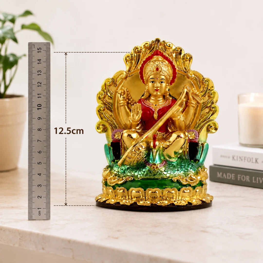 Hindu Goddess Saraswati Statue, Indian Knowledge Music Goddess Idol, Golden Religious Figurine for Home Temple Puja & Decor Gift