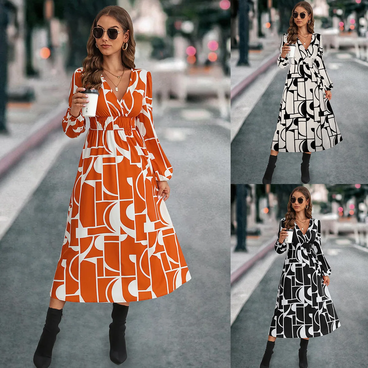 

Autumn/Winter New Women's Fashion, Elegant, Casual, Commuting V-neck Printed Long Sleeve Mid length Dress