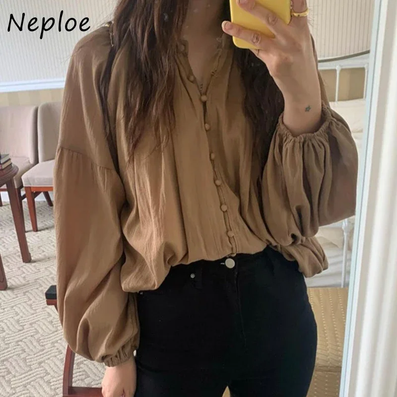 Neploe French Retro Single-breasted Blouse Shirt Woman Lantern Sleeve Design Casual Women Tops Loose Versatile Solid Color Top