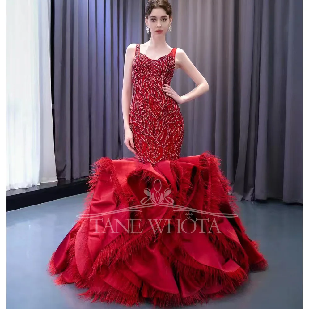 

Customizable Red Evening Dress Sheath Suknia Wieczorowa Spaghetti Straps Lace-Up Back Sequined Beading Feathers