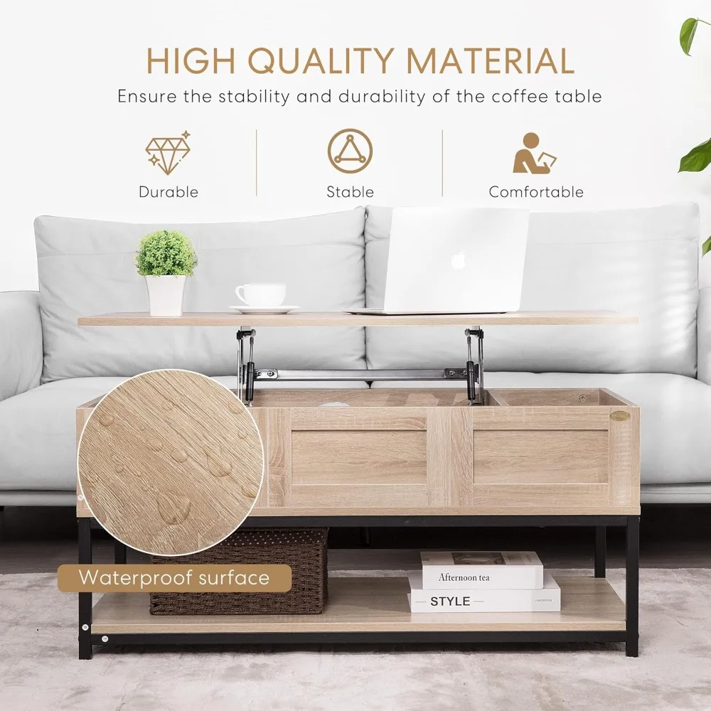 Vivohome Steel Frame Lift Top Coffee Table with Open Storage and Hidden Compartment, Ideal for Living Room Dining