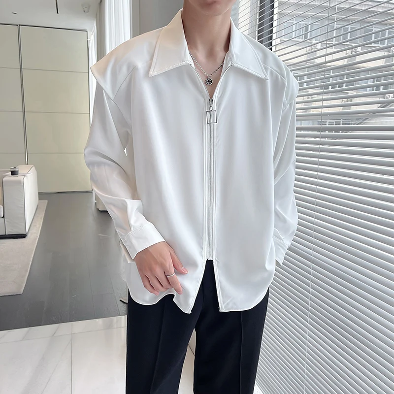 Fake Two Piece Solid Zipper Chic Shirt Turn-down Collar Handsome Long Sleeve Shirts Man Streetwear Casual Men's Clothing