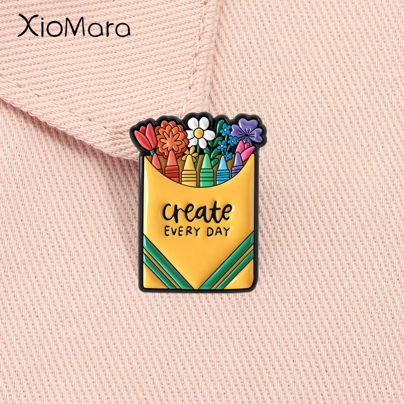 Create Every Day Enamel Pin Colored Flower Pencil Drawing Creation Brooch Lapel Badge Fashion Jewelry Accessory Gift for Friends