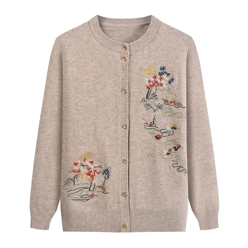 Oma Bestickte Strickjacke Jacke Frauen Herbst Winter Lose O Hals Langarm Pullover Mantel Casual Weibliche Outwear Tops