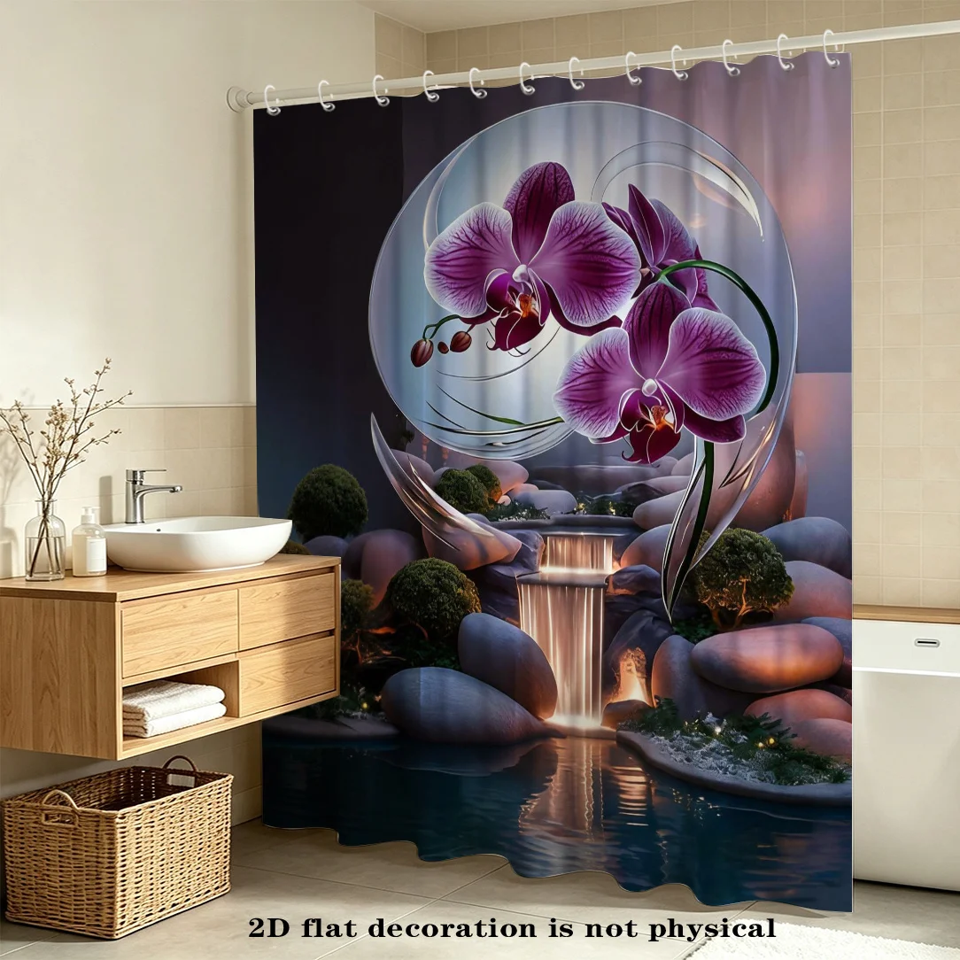 2D Flat, 1pc FENGMINYI Zen Orchid Shower Curtain Suitable for Home Bath Tub Divider, Purple Phalaenopsis Orchid Water Scene with