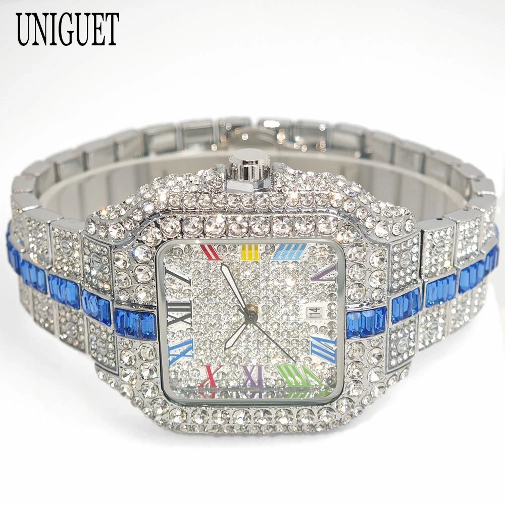 

UNIGUET Роскошные часы со льдом для мужчин, модные хип-хоп синие прямоугольные ювелирные изделия с бриллиантами, квадратные наручные часы, мужской подарок, новинка 2025 г.