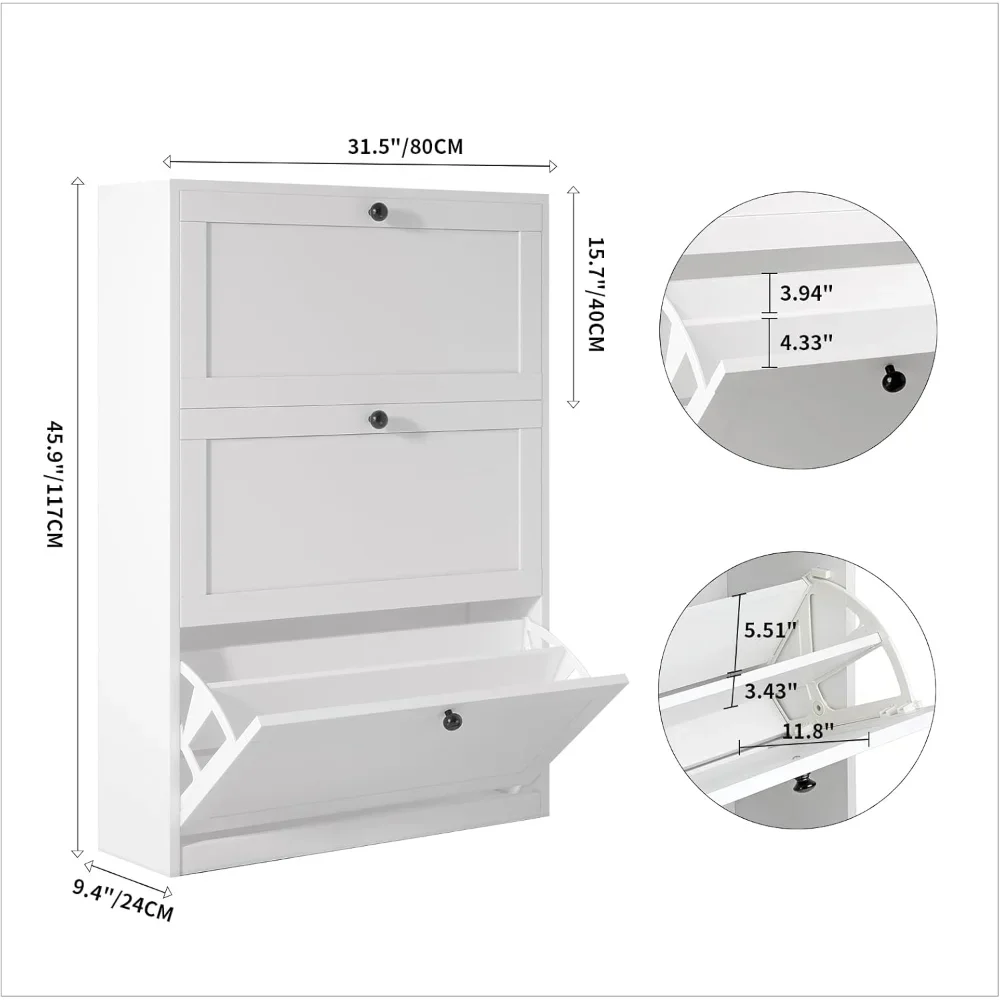 Freistehender Schuhschrank mit 3 Klappschubladen, verstellbarem Regal, kippsicherem Gerät, für Eingangsbereich, Flur, Wohnzimmer