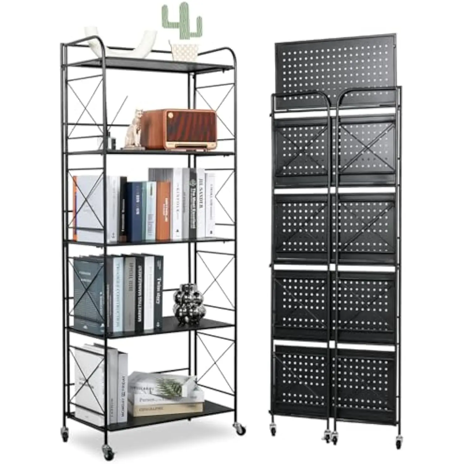 

Foldable 5-Tier Metal Shelf with Wheels - Folding Bookshelf Unit for Living Room, Kitchen, Study 12.6" D x 23.6" W x 57.0" H, M
