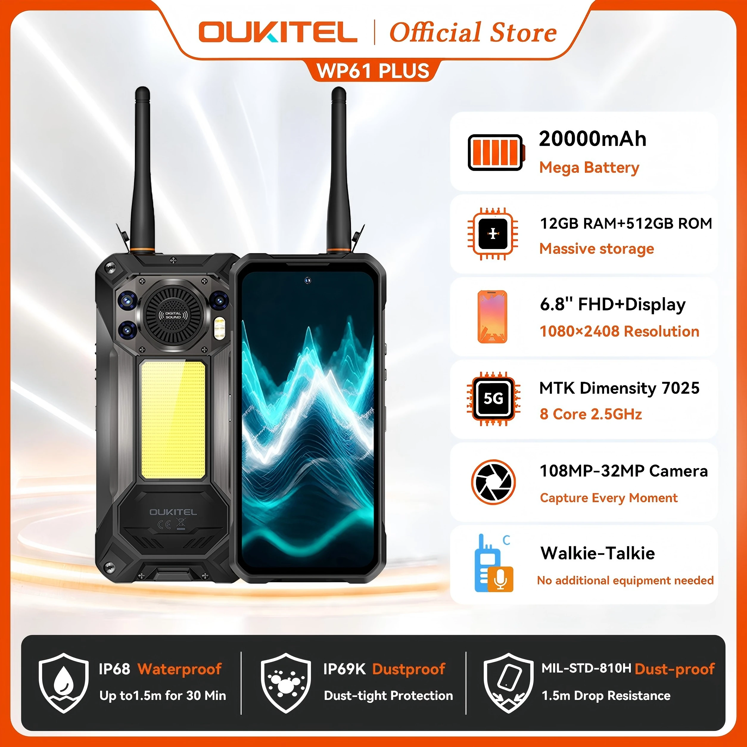 OUKITEL WP61 Plus Walkie Talkie 5G Rugged Smartphone, 120Hz 20000mAh Android 16 NFC Cell Phone, 36GB(12+24)+512GB, 108MP Camera