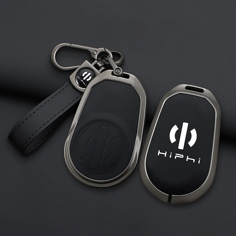 For HIPHI X 2023 2024 Hiphi Z Metal Alloy Leather Car Key Case Protection Cover Bag Shell Keychain Holder Fob Accessories