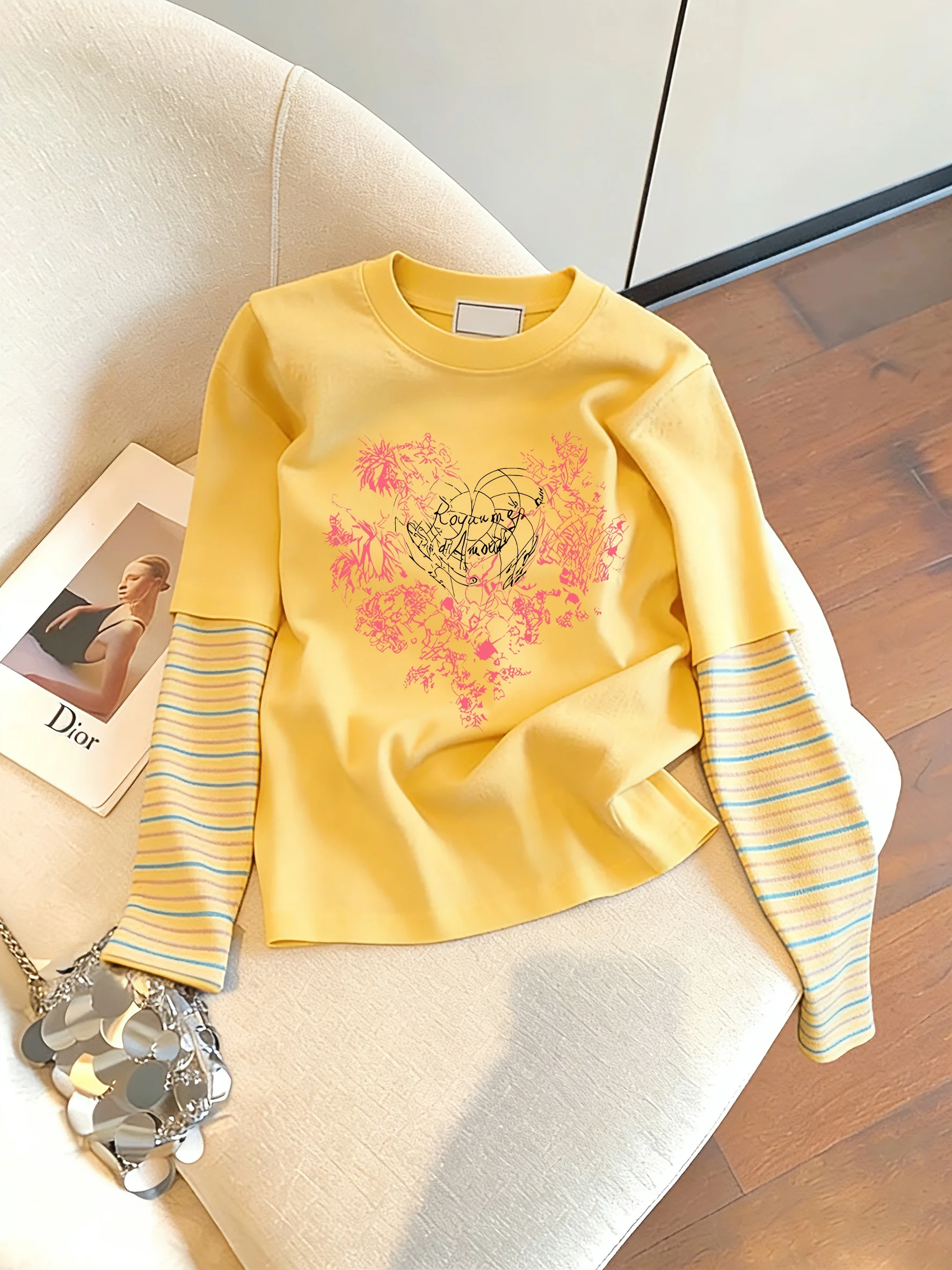 

Casual Long Sleeve T-Shirt Striped Splicing Print Loose Fit Spring Autumn Unisex Top Creative Design Casual Style for Youth