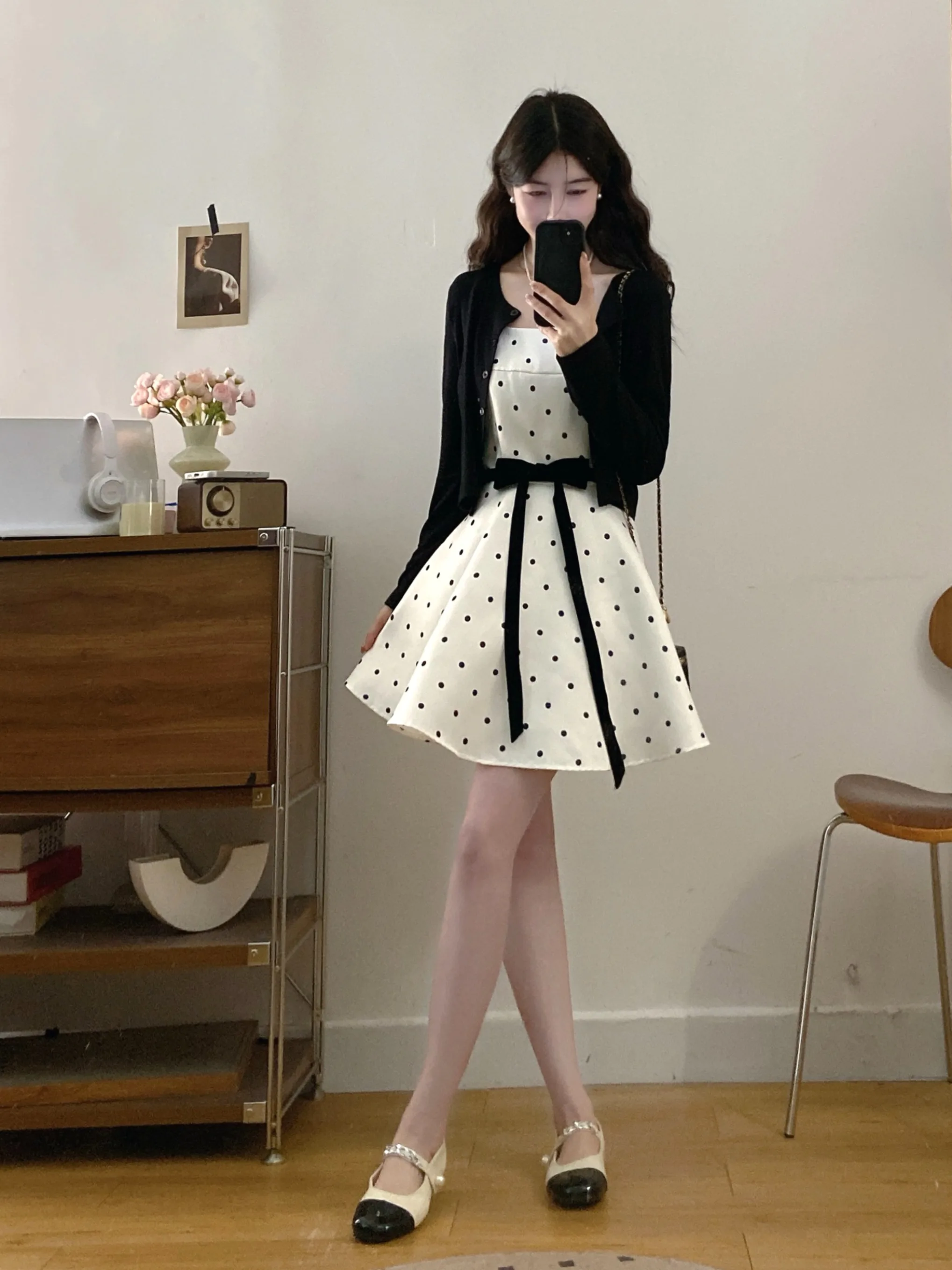 

plus Size Summer New Gentle Knitted Cardigan Outerwear Retro Square Collar Polka Dot Dress Two Piece Set Women Breathable Cas...