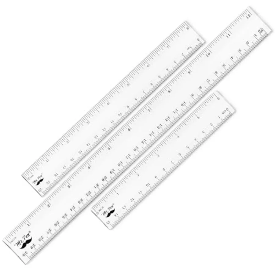 Clear ruler set for crafting, office school use: 3-pack plastic rulers 6, 8, 12 in transparent color with easy-to-read markings
